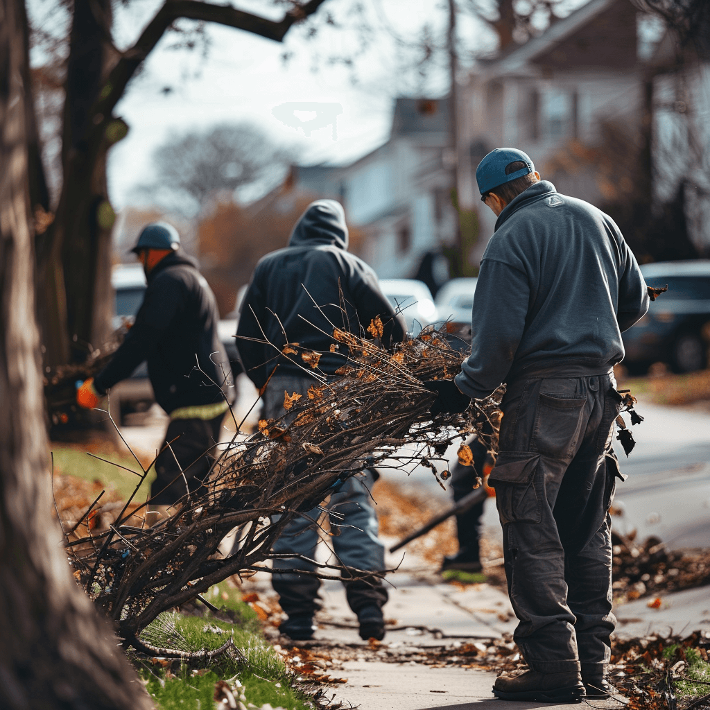AI-generated image of the Midwest Pros team clearing branches and debris in a residential neighborhood, showcasing professional outdoor property services.